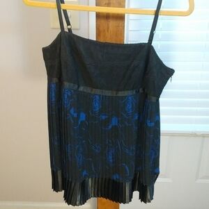INC Black Blue Party Spaghetti Strap Pleated Lace Bodice Top Blouse Size 12